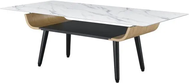 Alt view image 2 of 5 - Landon 47" Coffee Table with Glass White Marble Texture Top and Bent Wood Design