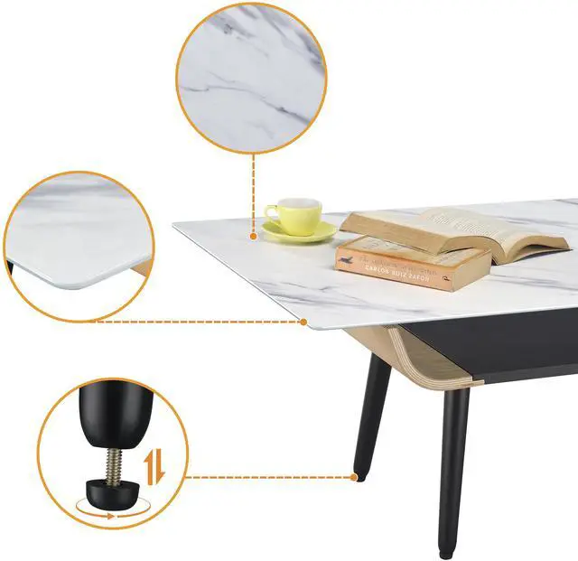 Alt view image 3 of 5 - Landon 47" Coffee Table with Glass White Marble Texture Top and Bent Wood Design