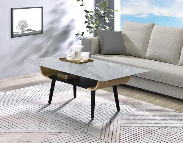 Main image of Landon 47" Coffee Table with Glass Gray Marble Texture Top and Bent Wood Design