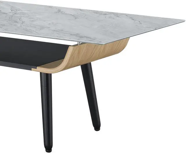 Alt view image 5 of 5 - Landon 47" Coffee Table with Glass Gray Marble Texture Top and Bent Wood Design