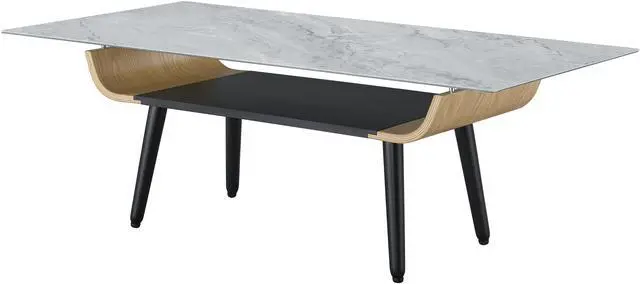 Alt view image 2 of 5 - Landon 47" Coffee Table with Glass Gray Marble Texture Top and Bent Wood Design
