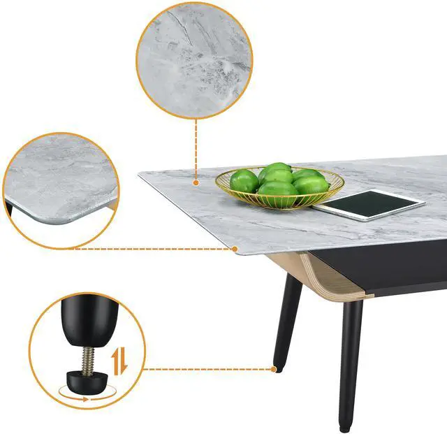 Alt view image 3 of 5 - Landon 47" Coffee Table with Glass Gray Marble Texture Top and Bent Wood Design