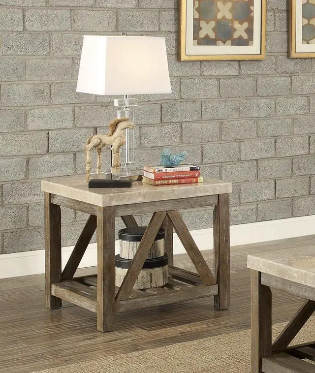 Main image of Industrial Style Angled Support 1pc End Table with Bottom Shelf Marble Top Creamy White Wooden Living Room Furniture Side Table