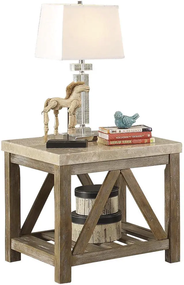 Alt view image 2 of 5 - Industrial Style Angled Support 1pc End Table with Bottom Shelf Marble Top Creamy White Wooden Living Room Furniture Side Table
