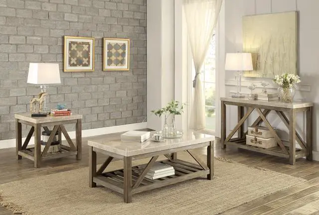 Alt view image 3 of 5 - Industrial Style Angled Support 1pc End Table with Bottom Shelf Marble Top Creamy White Wooden Living Room Furniture Side Table