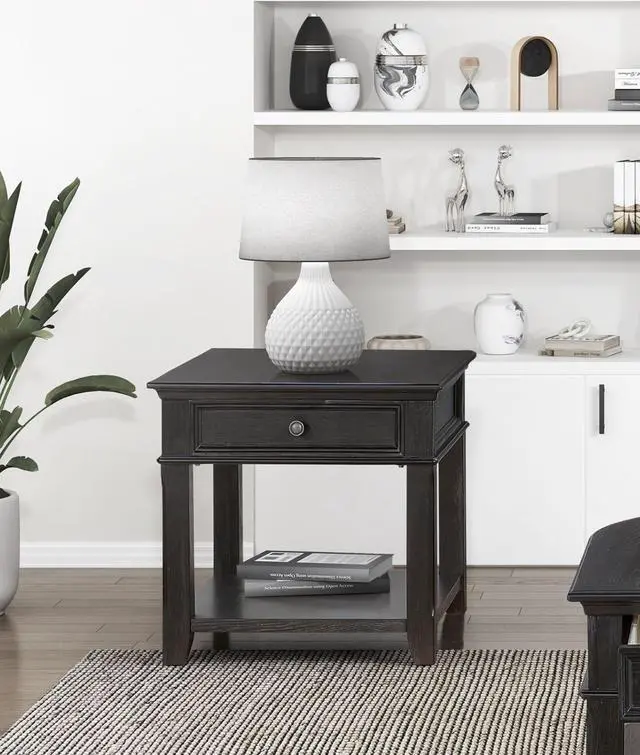 Alt view image 2 of 7 - Living Room End Table with Drawer Shelf Charging Ports Charcoal Finish Classic Durable Wooden 1pc