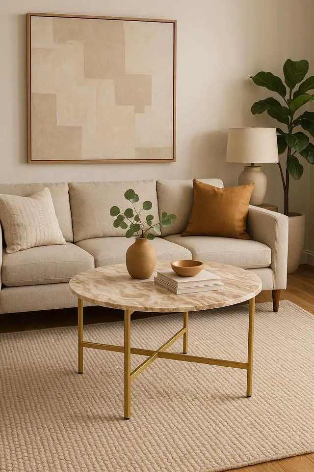 Main image of Brown Marble Nesting Coffee Table with Golden Metal Frame (6.5" Height) - Elegant & Sturdy Low-Profile Table - Space-Saving Modern Design - Perfect for Living Room, Lounge, Office & Home Décor