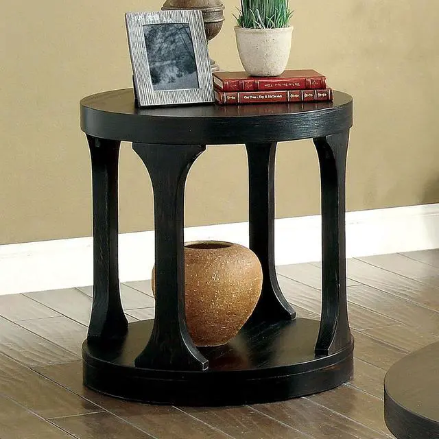Main image of Transitional Style Antique Black Finish Bold Round Structure End Table With Extra Storage Shelf I Designed Legs Coffee Table-Not Included