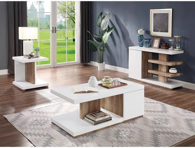 Alt view image 5 of 5 - End Table Modern Contemporary Style Two Tone Design High Gloss Finish Open Shelves Wooden Base White And Natural Tone Finish Coffee Table-Not Included