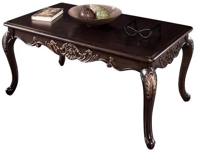 Alt view image 2 of 7 - 1pc Rectangle Coffee Table Traditional Style Curved Shape Legs Solid Wood Structure Carved Design With Gold Highlight Dark Cherry Finish
