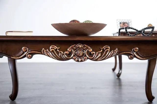 Alt view image 3 of 7 - 1pc Rectangle Coffee Table Traditional Style Curved Shape Legs Solid Wood Structure Carved Design With Gold Highlight Dark Cherry Finish