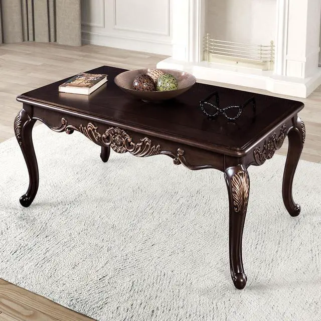 Main image of 1pc Rectangle Coffee Table Traditional Style Curved Shape Legs Solid Wood Structure Carved Design With Gold Highlight Dark Cherry Finish