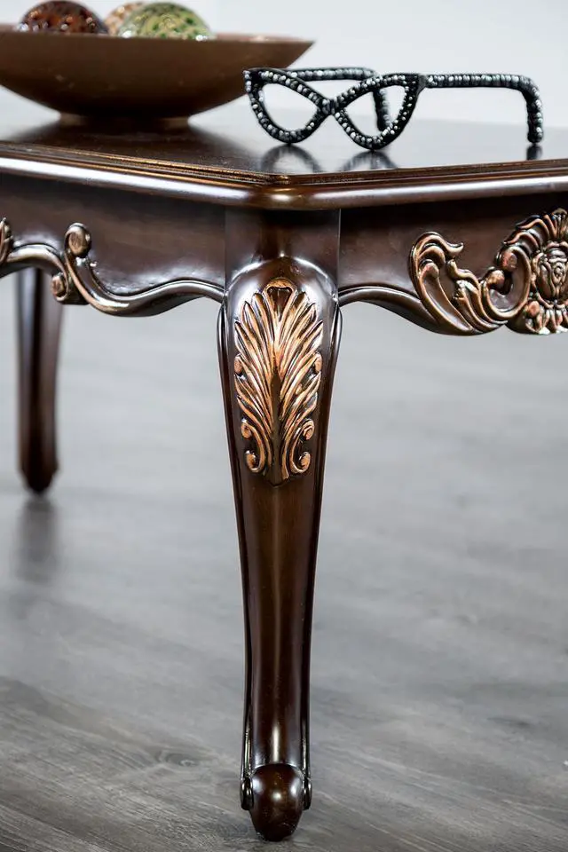 Alt view image 5 of 7 - 1pc Rectangle Coffee Table Traditional Style Curved Shape Legs Solid Wood Structure Carved Design With Gold Highlight Dark Cherry Finish
