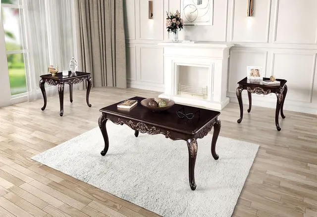 Alt view image 7 of 7 - 1pc Rectangle Coffee Table Traditional Style Curved Shape Legs Solid Wood Structure Carved Design With Gold Highlight Dark Cherry Finish