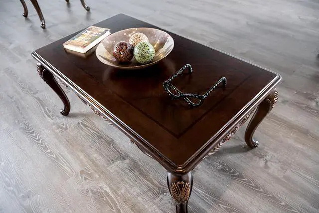 Alt view image 6 of 7 - 1pc Rectangle Coffee Table Traditional Style Curved Shape Legs Solid Wood Structure Carved Design With Gold Highlight Dark Cherry Finish