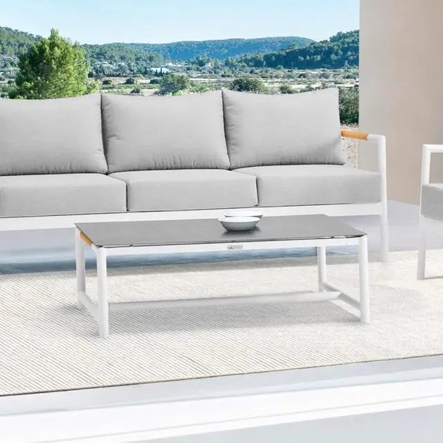 Main image of Crown Aluminum and Teak Wood Outdoor Coffee Table in White and Gray
