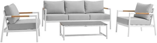 Alt view image 2 of 5 - Crown Aluminum and Teak Wood Outdoor Coffee Table in White and Gray