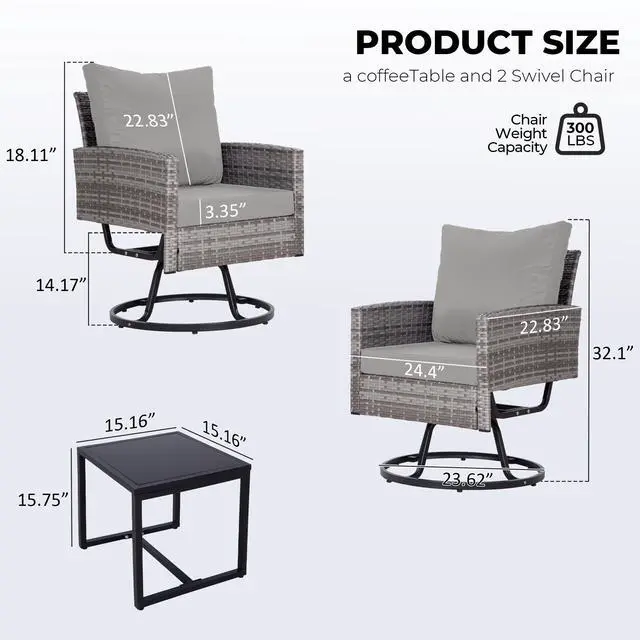 Alt view image 2 of 7 - 3-Piece Wicker Patio Furniture Set Rattan Swivel Chairs with Coffee Table, Outdoor Seating for Porch, Balcony, Garden (Grey Wicker/Grey  Cushions)