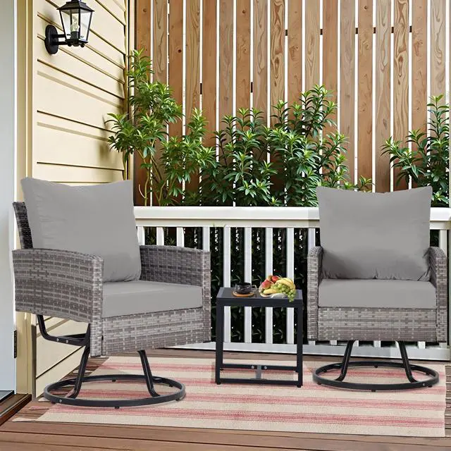 Main image of 3-Piece Wicker Patio Furniture Set Rattan Swivel Chairs with Coffee Table, Outdoor Seating for Porch, Balcony, Garden (Grey Wicker/Grey  Cushions)