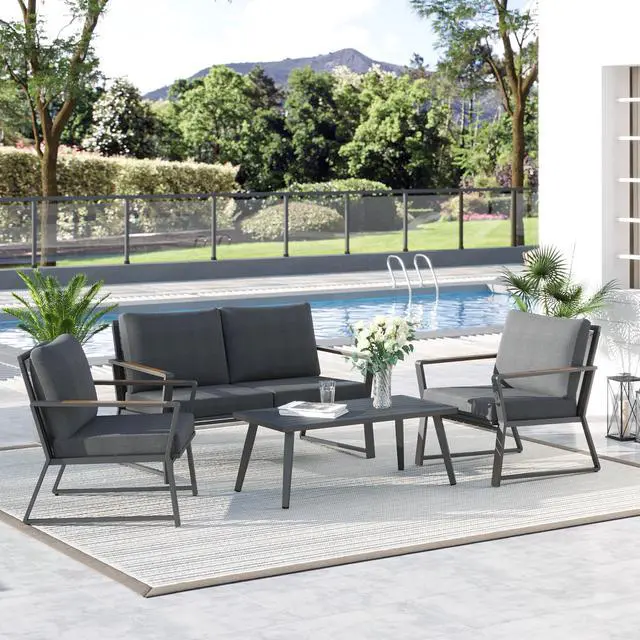 Alt view image 2 of 5 - 4 Piece Patio Furniture Set, Aluminum Conversation Set, Outdoor Garden Sofa Set with Armchairs, Loveseat, Center Coffee Table and Cushions, Dark Grey