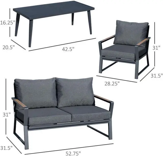Alt view image 5 of 5 - 4 Piece Patio Furniture Set, Aluminum Conversation Set, Outdoor Garden Sofa Set with Armchairs, Loveseat, Center Coffee Table and Cushions, Dark Grey