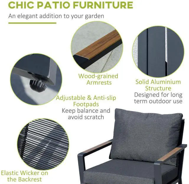 Alt view image 4 of 5 - 4 Piece Patio Furniture Set, Aluminum Conversation Set, Outdoor Garden Sofa Set with Armchairs, Loveseat, Center Coffee Table and Cushions, Dark Grey