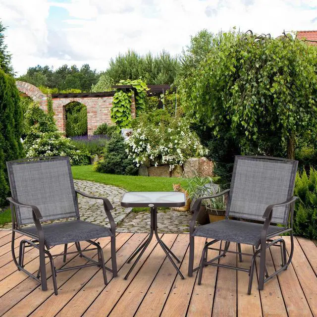 Alt view image 2 of 5 - Outsunny 3 Piece Outdoor Glider Chair with Coffee Table Bistro Set, 2 Patio Rocking Swing Chairs with Breathable Sling Fabric, Glass Tabletop, for Backyard, Garden and Porch, Gray