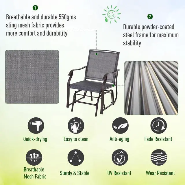 Alt view image 4 of 5 - Outsunny 3 Piece Outdoor Glider Chair with Coffee Table Bistro Set, 2 Patio Rocking Swing Chairs with Breathable Sling Fabric, Glass Tabletop, for Backyard, Garden and Porch, Gray