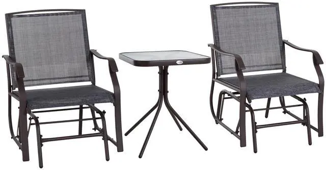Main image of Outsunny 3 Piece Outdoor Glider Chair with Coffee Table Bistro Set, 2 Patio Rocking Swing Chairs with Breathable Sling Fabric, Glass Tabletop, for Backyard, Garden and Porch, Gray