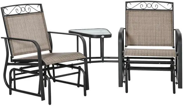 Main image of Outsunny Outdoor Glider Chairs with Coffee Table, Patio 2-Seat Rocking Chair Swing with Breathable Sling for Backyard, Garden and Porch, Brown