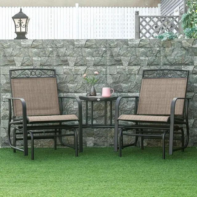 Alt view image 2 of 7 - Outsunny Outdoor Glider Chairs with Coffee Table, Patio 2-Seat Rocking Chair Swing with Breathable Sling for Backyard, Garden and Porch, Brown