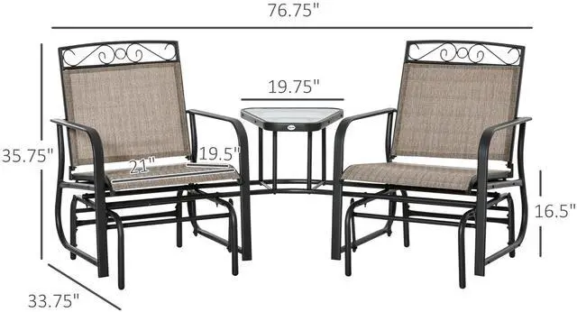 Alt view image 3 of 7 - Outsunny Outdoor Glider Chairs with Coffee Table, Patio 2-Seat Rocking Chair Swing with Breathable Sling for Backyard, Garden and Porch, Brown