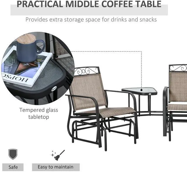 Alt view image 4 of 7 - Outsunny Outdoor Glider Chairs with Coffee Table, Patio 2-Seat Rocking Chair Swing with Breathable Sling for Backyard, Garden and Porch, Brown