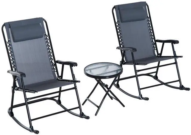 Main image of Outsunny 3 Piece Outdoor Rocking Bistro Set, Patio Folding Chair Table Set with Glass Coffee Table for Yard, Patio, Deck, Backyard, Grey
