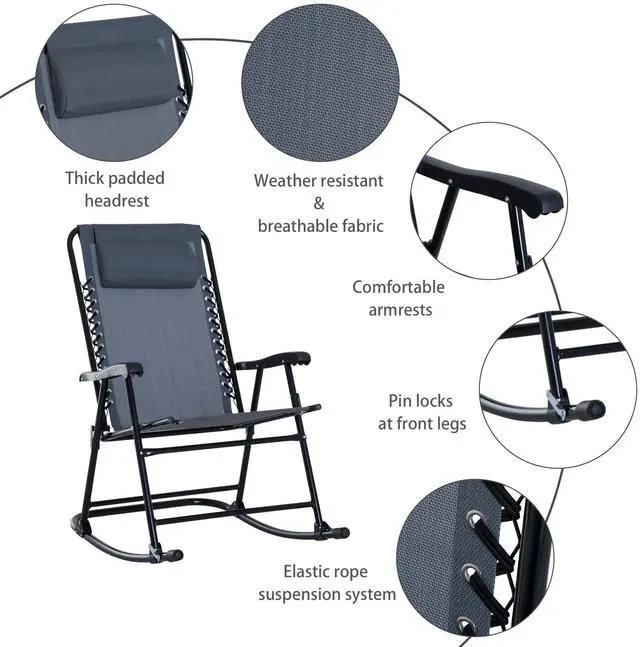 Alt view image 2 of 7 - Outsunny 3 Piece Outdoor Rocking Bistro Set, Patio Folding Chair Table Set with Glass Coffee Table for Yard, Patio, Deck, Backyard, Grey