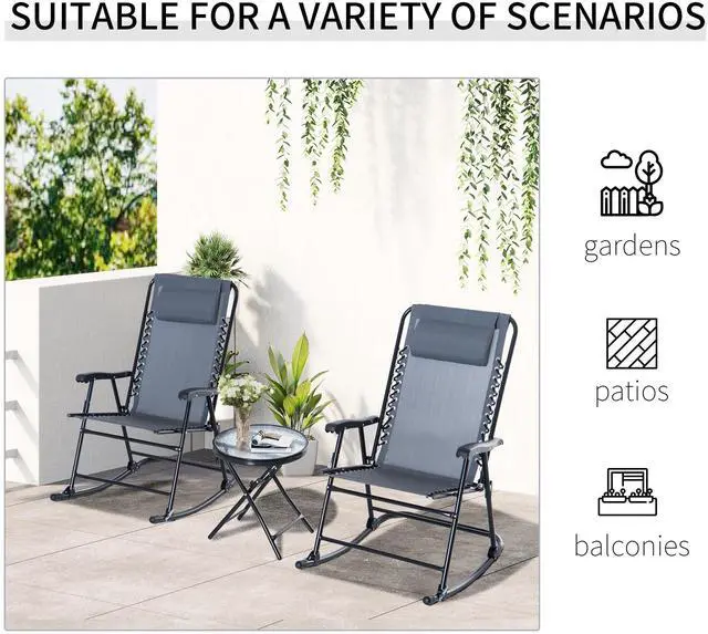 Alt view image 4 of 7 - Outsunny 3 Piece Outdoor Rocking Bistro Set, Patio Folding Chair Table Set with Glass Coffee Table for Yard, Patio, Deck, Backyard, Grey