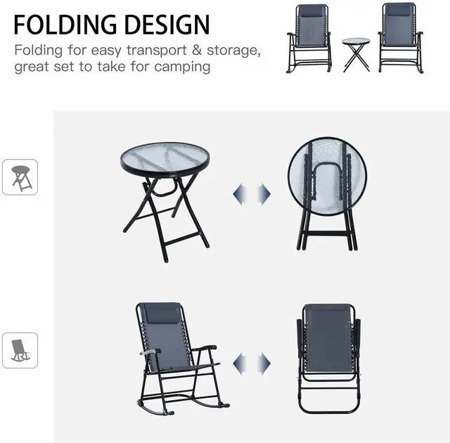 Alt view image 6 of 7 - Outsunny 3 Piece Outdoor Rocking Bistro Set, Patio Folding Chair Table Set with Glass Coffee Table for Yard, Patio, Deck, Backyard, Grey