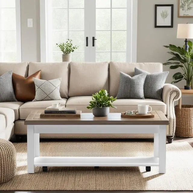 Main image of 48 inch Hampton Coffee Table, No Assembly Required, Jasmine Whitewash and Barnwood Finish