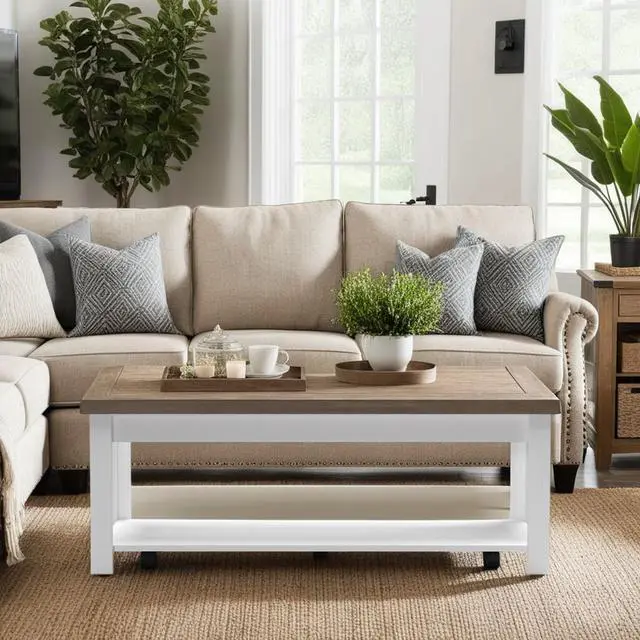 Alt view image 2 of 7 - 48 inch Hampton Coffee Table, No Assembly Required, Jasmine Whitewash and Barnwood Finish