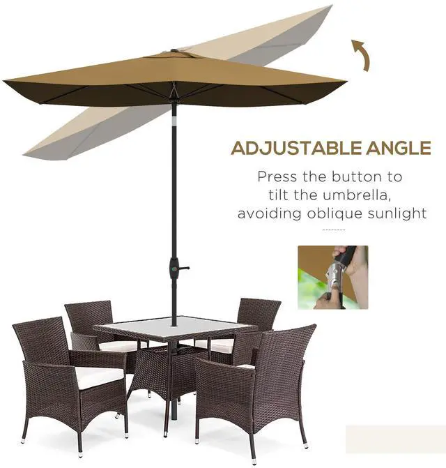 Alt view image 2 of 7 - Outsunny 6.5' x 10' Rectangular Market Umbrella, Patio Outdoor Table Umbrella with Crank and Push Button Tilt, Coffee