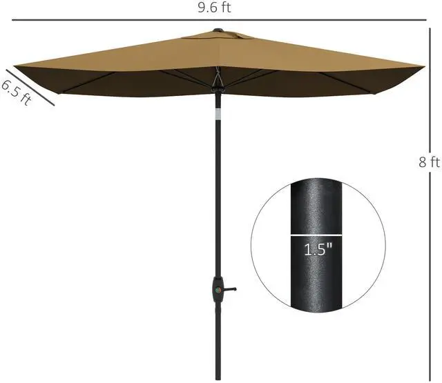 Alt view image 7 of 7 - Outsunny 6.5' x 10' Rectangular Market Umbrella, Patio Outdoor Table Umbrella with Crank and Push Button Tilt, Coffee