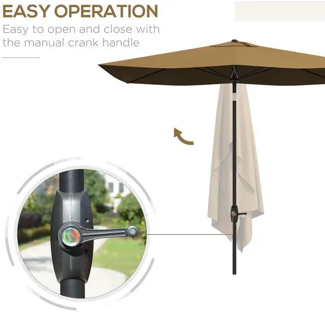 Alt view image 5 of 7 - Outsunny 6.5' x 10' Rectangular Market Umbrella, Patio Outdoor Table Umbrella with Crank and Push Button Tilt, Coffee