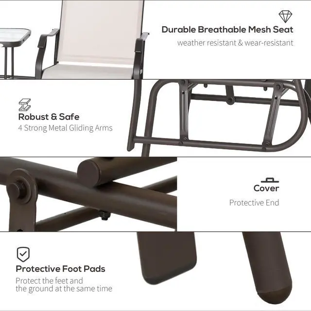 Alt view image 5 of 7 - Outsunny Outdoor Glider Chairs with Coffee Table, Patio 2-Seat Rocking Chair Swing Loveseat with Breathable Sling for Backyard, Garden, and Porch, Beige