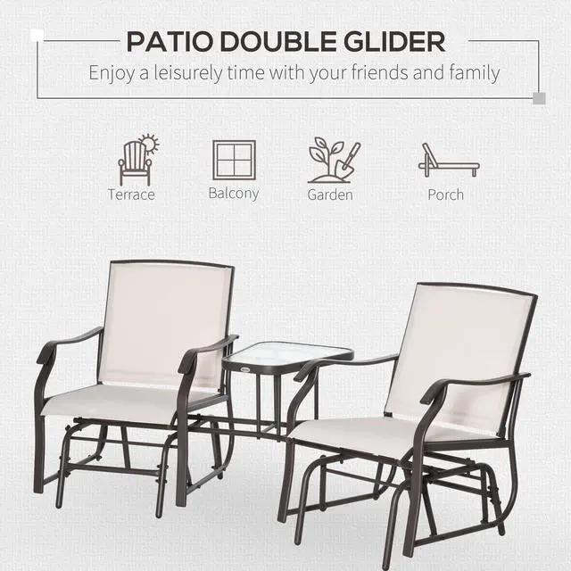 Alt view image 4 of 7 - Outsunny Outdoor Glider Chairs with Coffee Table, Patio 2-Seat Rocking Chair Swing Loveseat with Breathable Sling for Backyard, Garden, and Porch, Beige