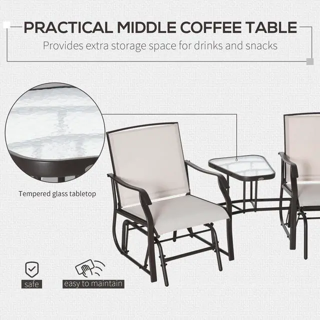 Alt view image 6 of 7 - Outsunny Outdoor Glider Chairs with Coffee Table, Patio 2-Seat Rocking Chair Swing Loveseat with Breathable Sling for Backyard, Garden, and Porch, Beige