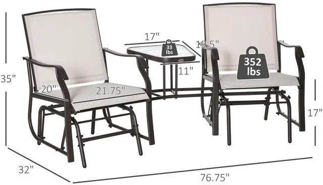 Alt view image 7 of 7 - Outsunny Outdoor Glider Chairs with Coffee Table, Patio 2-Seat Rocking Chair Swing Loveseat with Breathable Sling for Backyard, Garden, and Porch, Beige