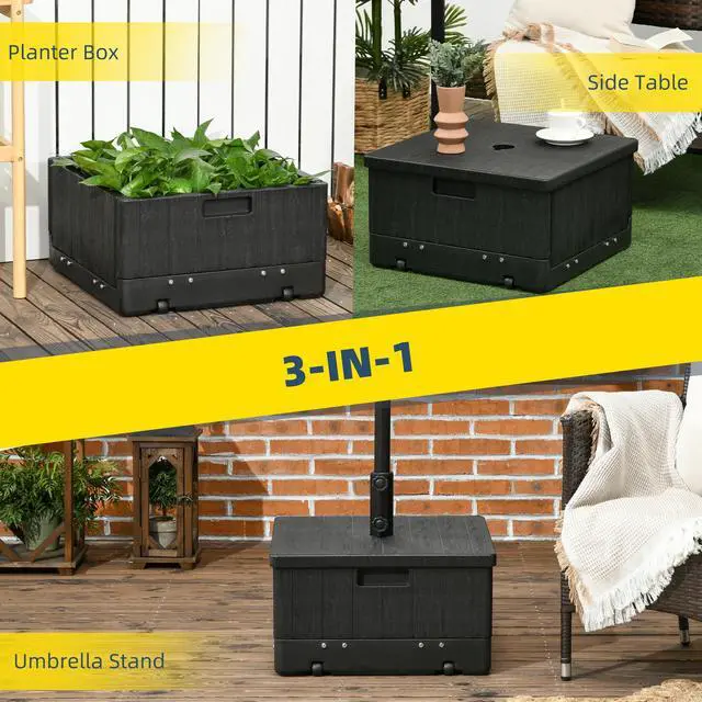 Alt view image 4 of 7 - Outsunny 3-in-1 Outdoor Umbrella Base, Coffee End Table, Flower Box Planter, 175lbs Capacity Patio Umbrella Stand Table with Wheels and Handles, Black