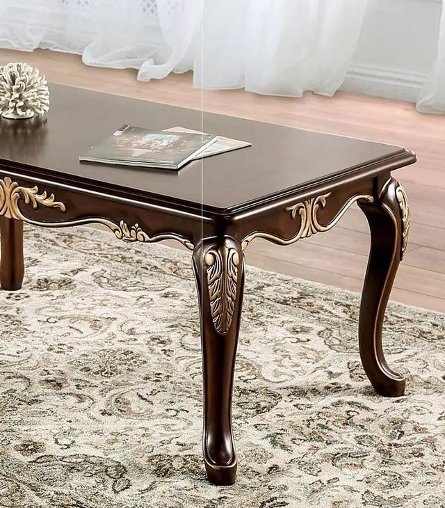 Alt view image 5 of 7 - Rich Tobacco Finish Traditional Style 1pc Rectangle Coffee Table Curved Legs Carved Details Design With Gold Highlight Elegant Look Solid Wood Structure