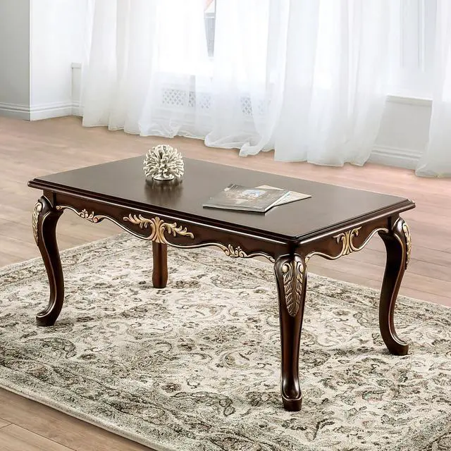 Main image of Rich Tobacco Finish Traditional Style 1pc Rectangle Coffee Table Curved Legs Carved Details Design With Gold Highlight Elegant Look Solid Wood Structure