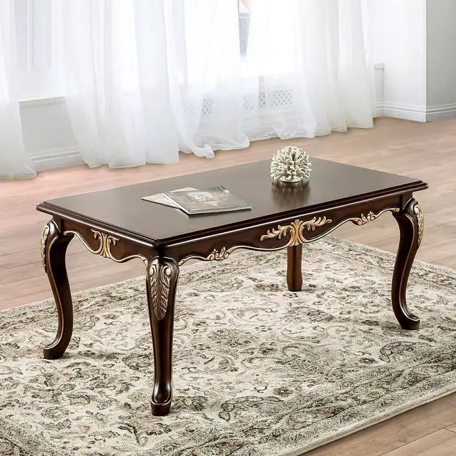 Alt view image 6 of 7 - Rich Tobacco Finish Traditional Style 1pc Rectangle Coffee Table Curved Legs Carved Details Design With Gold Highlight Elegant Look Solid Wood Structure